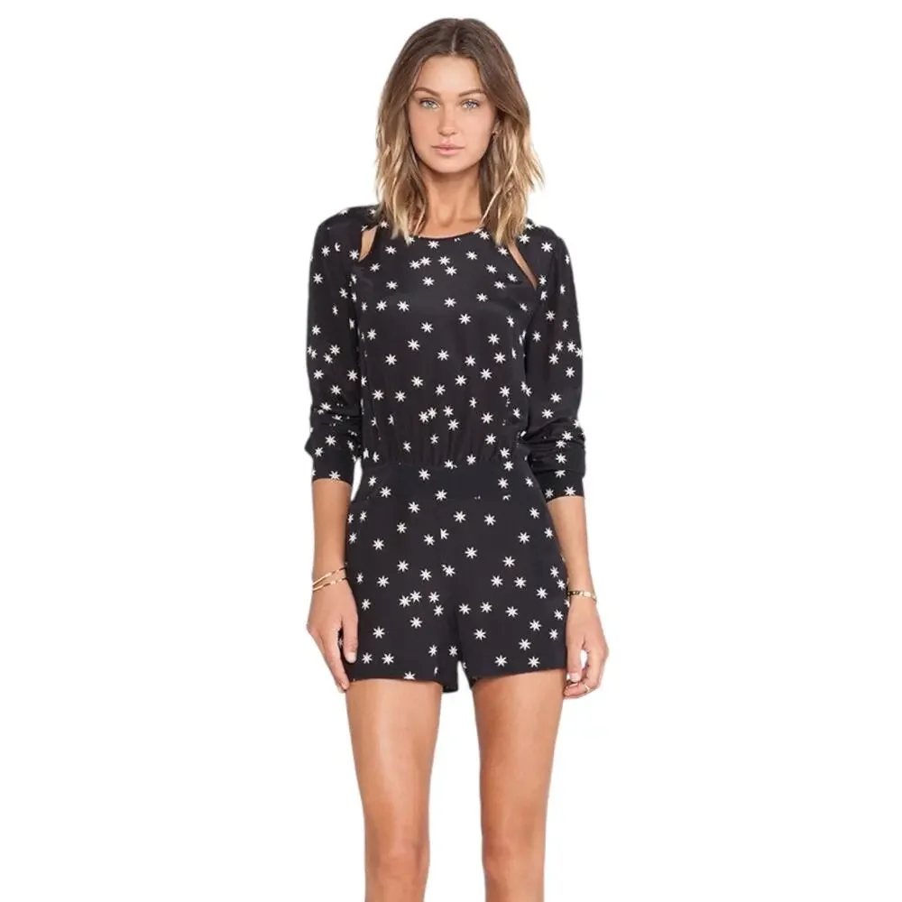 Pam & Gela Long Sleeve Silk Romper - Black & Cream - 0 - Picture 2 of 15
